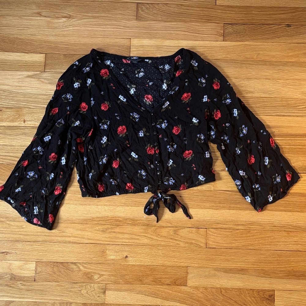 Elegant Black Floral Women's Blouse with Tie-Front